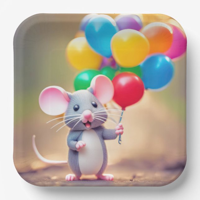 Assiettes En Carton Souris D'Anniversaire Avec Ballons (Recto)