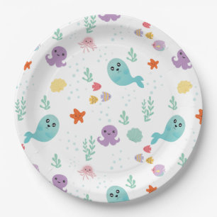 Assiettes En Carton Sous la mer Baby shower violet eau de poisson