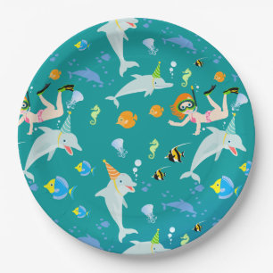 Assiettes En Carton Sous la mer dauphins et fête d'anniversaire fille