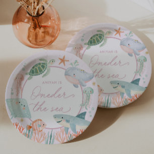 Assiettes En Carton Sous la mer Rose Naudtique Océan 1er Anniversaire
