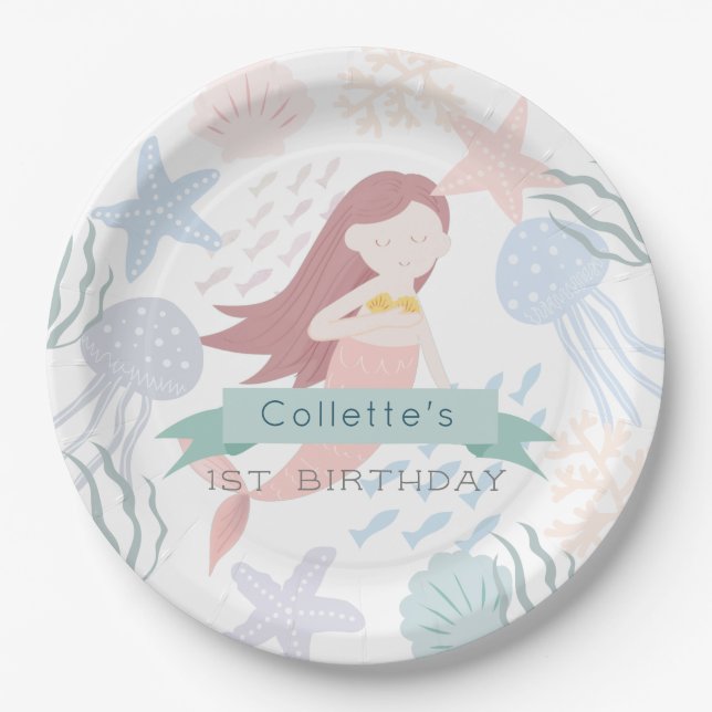 Assiettes En Carton Sous la mer Sirène blanc Anniversaire (Devant)