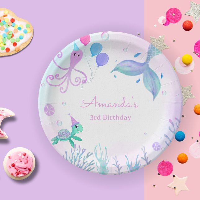 Assiettes En Carton Sous la mer Sirène & tortue de mer Anniversaire (Enjoy your birthday cake with this adorable Mermaid, Sea Turtle party plate! )