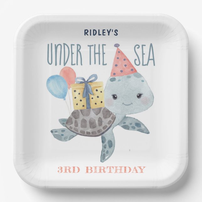 Assiettes En Carton Sous l'aquarelle de la tortue de mer Anniversaire (Recto)