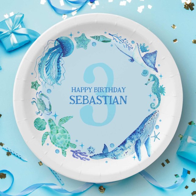 Assiettes En Carton Sous l'aquarelle de mer bleu 3e anniversaire (Under the Sea Watercolor Blue 3rd Birthday Paper Plates)