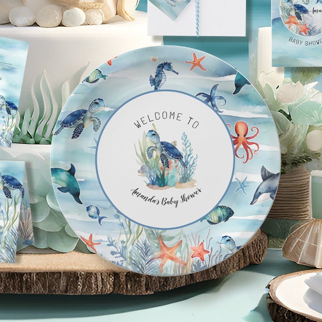 Assiettes En Carton Sous le Baby shower des tortues de mer bleu (Créateur téléchargé)