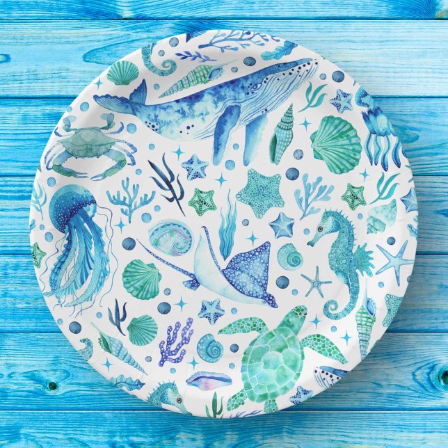 Assiettes En Carton Sous l'eau de la mer Baleine bleue, méduses (Under the Sea Watercolor Blue Whale, Jellyfish Paper Plates)