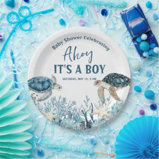 Assiettes En Carton Sous l'océan bleu Ohé C'est un garçon Baby Shower