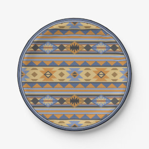Assiettes En Carton Southwest Design Gold Blue Grey Tribal Motif