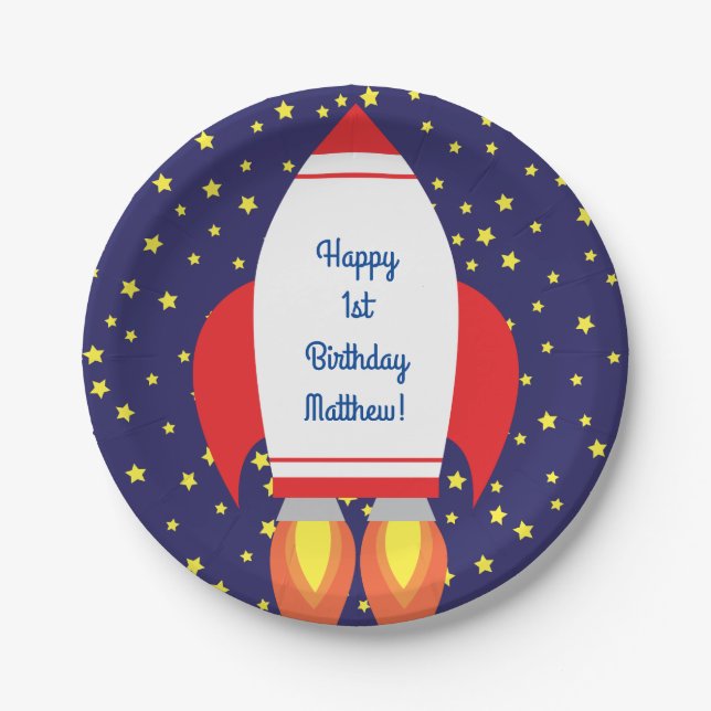 Assiettes En Carton Space Rocket Star Navire Plaques d'anniversaire 1e (Devant)