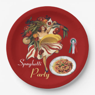 ASSIETTES EN CARTON SPAGHETTI PARTY DANCE, CUISINE ITALIENNE ET TOMATE