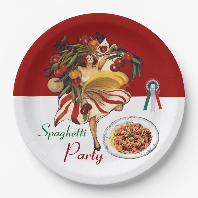 ASSIETTES EN CARTON SPAGHETTI PARTY DANCE, CUISINE ITALIENNE ET TOMATE (Devant)