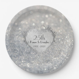 Assiettes En Carton Sparkle Coeur d'argent 25e anniversaire Mariage