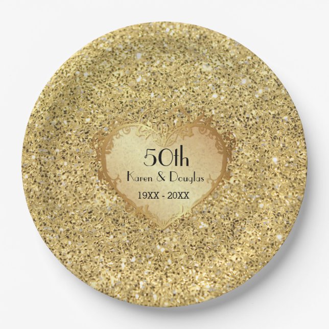 Assiettes En Carton Sparkle Gold Heart 50e anniversaire de Mariage (Devant)