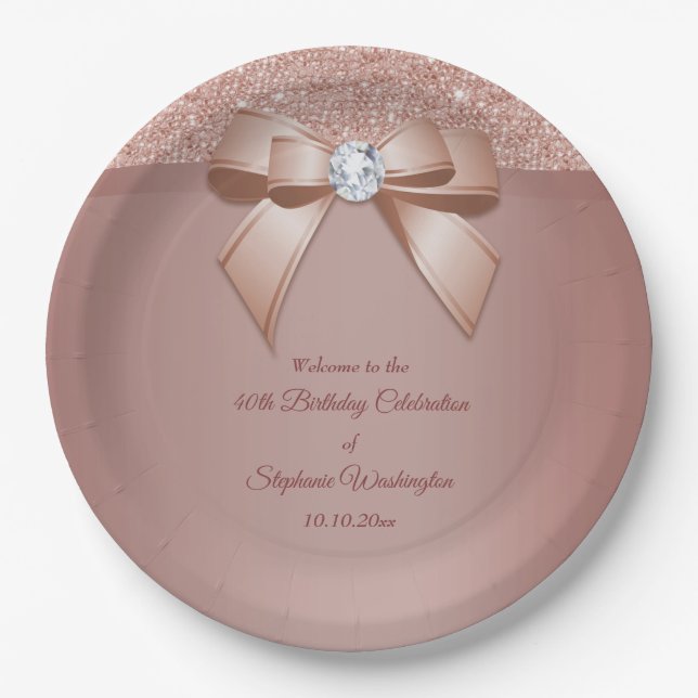 Assiettes En Carton Sparkles & Glamor, Rose d'anniversaire Gold (Devant)