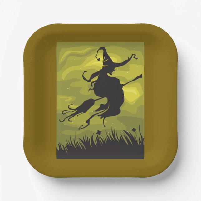 Assiettes En Carton Spooky Halloween Witch Flying on Broomstick (Recto)