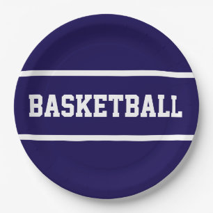 Assiettes En Carton Sportif Bleu Nuit Blanc Textes Rayures BASKETBALL