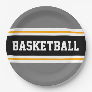 Assiettes En Carton Sporty Fun Grey Noir Jaune BASKETBALL Stripes