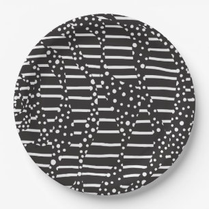 Assiettes En Carton Spots et bandes 2 en blanc sur noir
