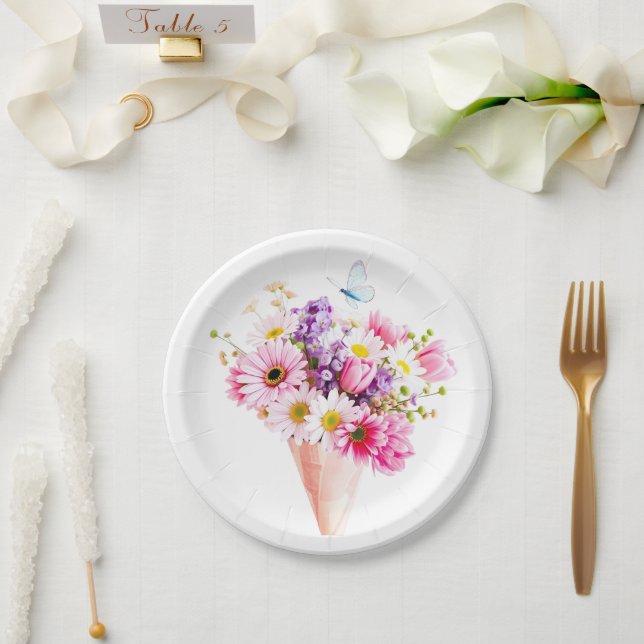 Assiettes En Carton Spring Blossom Bouquet with Butterfly (Mariage)