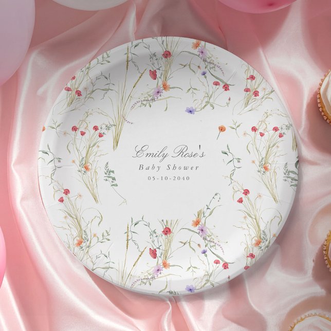 Assiettes En Carton Spring Meadow-Wildflower Botanical Baby Shower (Wildflower meadow, baby in bloom, baby girl shower paper plate.)
