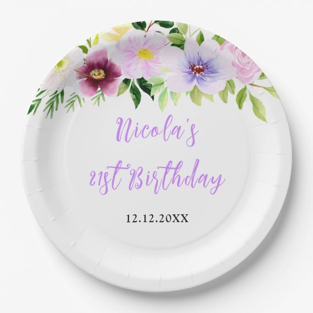 Assiettes En Carton Spring Purple Floral Birthday (Devant)
