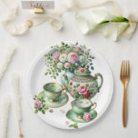 Assiettes En Carton Spring Tea Party<br><div class="desc">A Paper Plate Design With A Vintage Green Tea Pot And Tea Cups For A Spring Tea Party Luncheon</div>