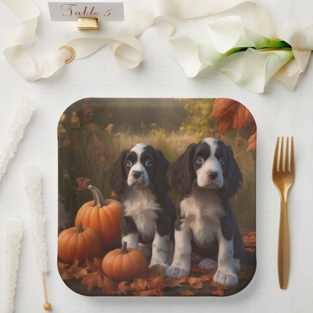 Assiettes En Carton Springer Spaniel Chiot Automne Citrouille de plais (Mariage)
