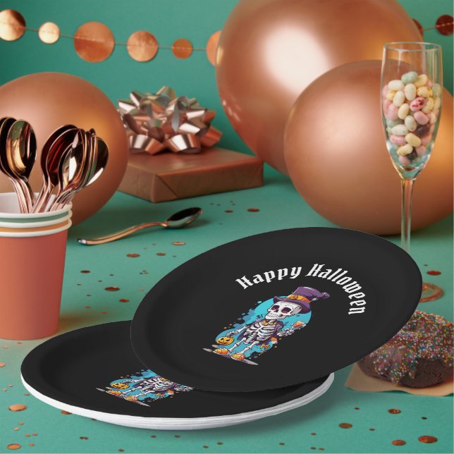 Assiettes En Carton Squelette cool dans un Halloween de chapeau haut d (Multi)