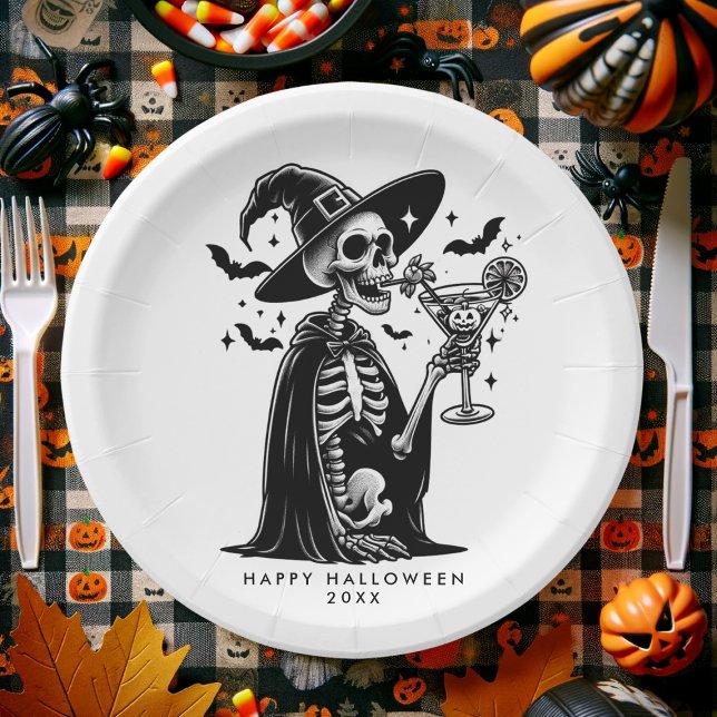 Assiettes En Carton Squelette noir et blanc Halloween Party (Black and White Skeleton Halloween Party Paper Plates)