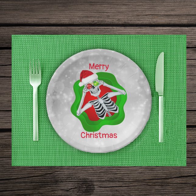 Assiettes En Carton Squelette Oeil ornement Santa Hat Cercles blancs (Fun Skeleton Ornament eyes Santa Hat in splatter shape on white circles Christmas paper party plates)