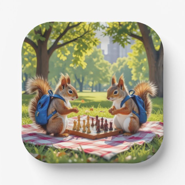Assiettes En Carton Squirrels Playing Chess In a City Park (Recto)