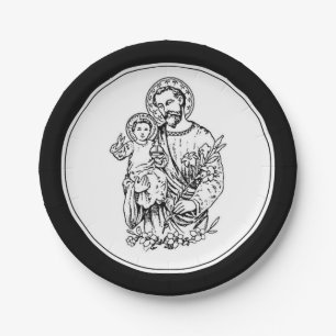 Assiettes En Carton St. Joseph Priez pour Nous Noir, Blanc, Catholiqu
