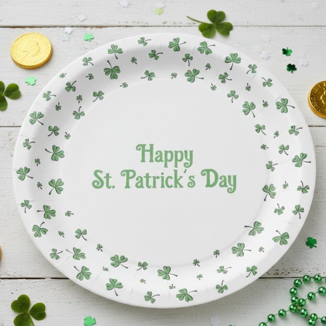 Assiettes En Carton St. Patrick’s Day Shamrock Border Round (Happy St Patrick's Day Paper Plates. Elegant Hand Drawn Lucky Green Clover Border for Saint Patrck's)