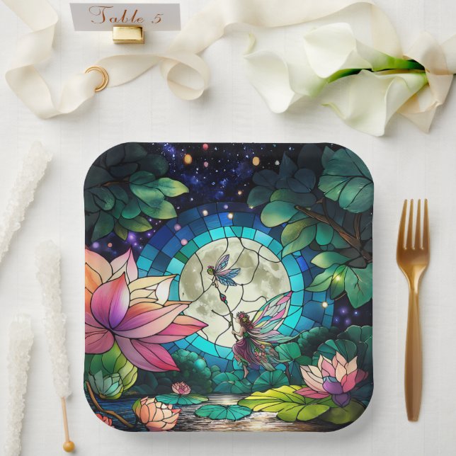 Assiettes En Carton Stained Glass Little Fairy With Dragonfly (Mariage)