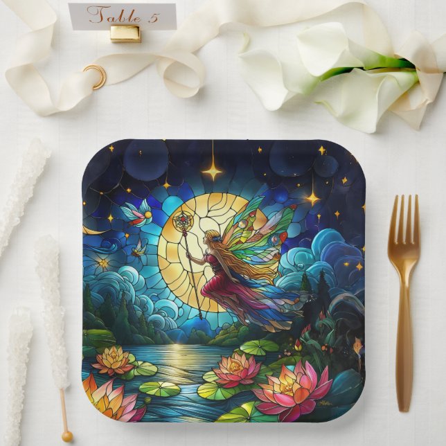 Assiettes En Carton Stained Glass Moonlight Flight Fairy  (Mariage)