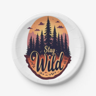 Assiettes En Carton Stay Wild : Illustration de la forêt du coucher du