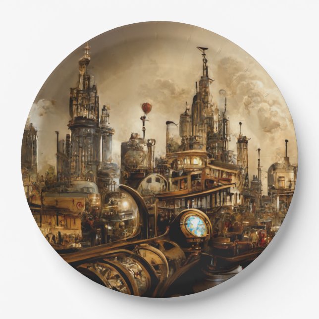 Assiettes En Carton Steampunk City (Devant)