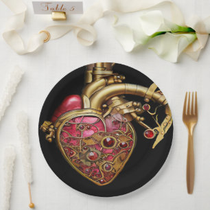 Assiettes En Carton Steampunk Coeur Anatomique rubis et engrenages