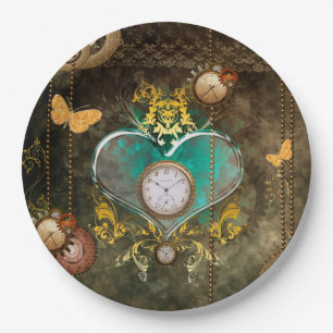 Assiettes En Carton Steampunk, coeur merveilleux avec des horloges