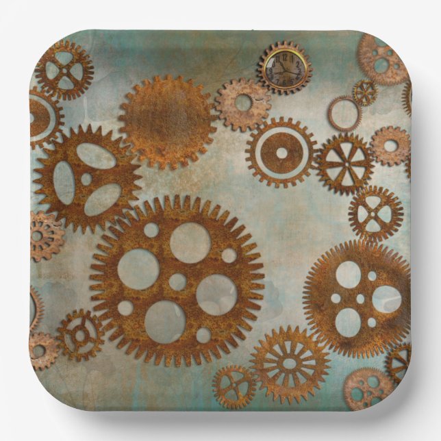 Assiettes En Carton Steampunk Rousty Gears Design Plaques en papier (Recto)