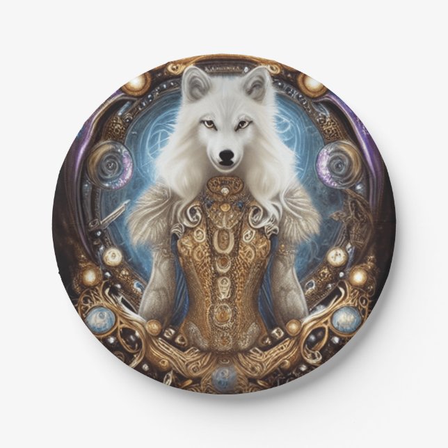 Assiettes En Carton Steampunk Whimsical charmant loup blanc (Devant)