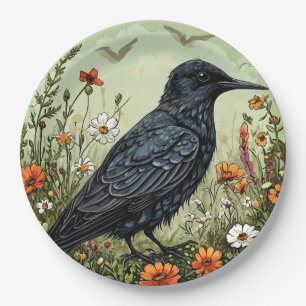 Assiettes En Carton Sterne noire oiseau parmi les fleurs épanouies