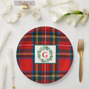 Assiettes En Carton Stewart Xmas Plaid MONOGRAM Wreath peint à la main