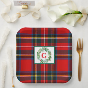 Assiettes En Carton Stewart Xmas Plaid MONOGRAM Wreath SQ peint à la m