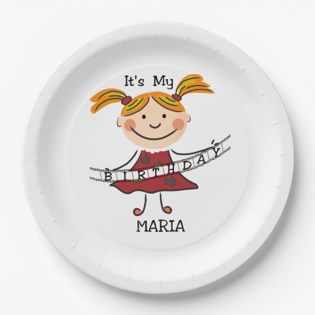 Assiettes En Carton Stick Figure Girl C'est mon anniversaire (Devant)