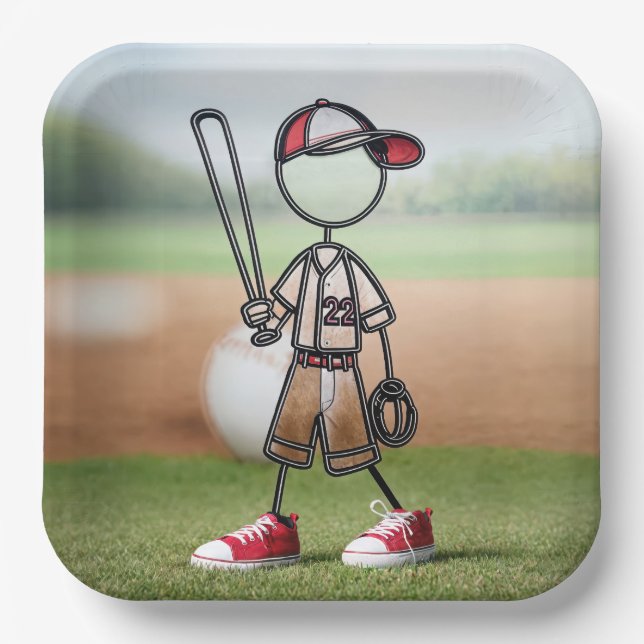 Assiettes En Carton Stick Figure Joueur De Baseball En Basket Rouge (Recto)