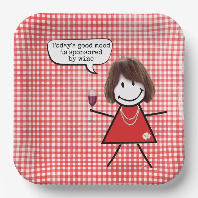 Assiettes En Carton Stick Girl Avec Vin Glass sur En vichy (Recto)