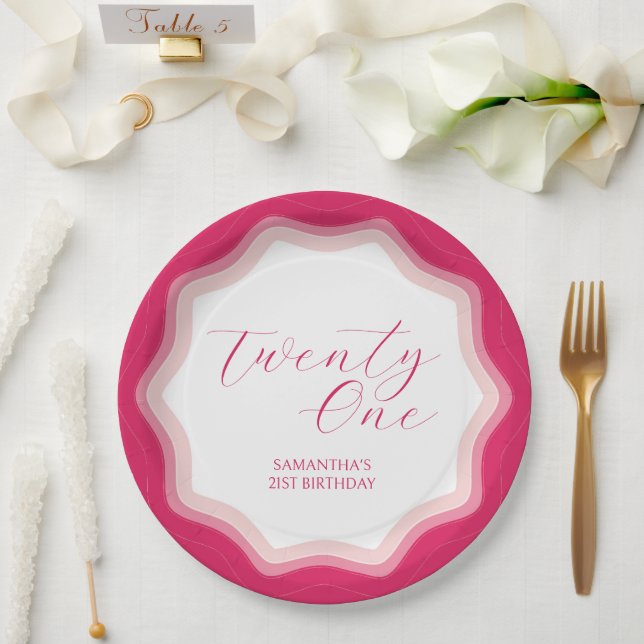 Assiettes En Carton Sticker Curly Wavy Pink 21e Anniversaire (Mariage)