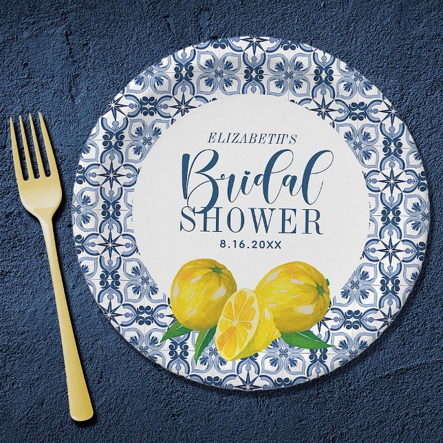Assiettes En Carton Sticker en Mariage citron bleu italien carrelage (An elegant lemon Mediterranean bridal shower paper plate)