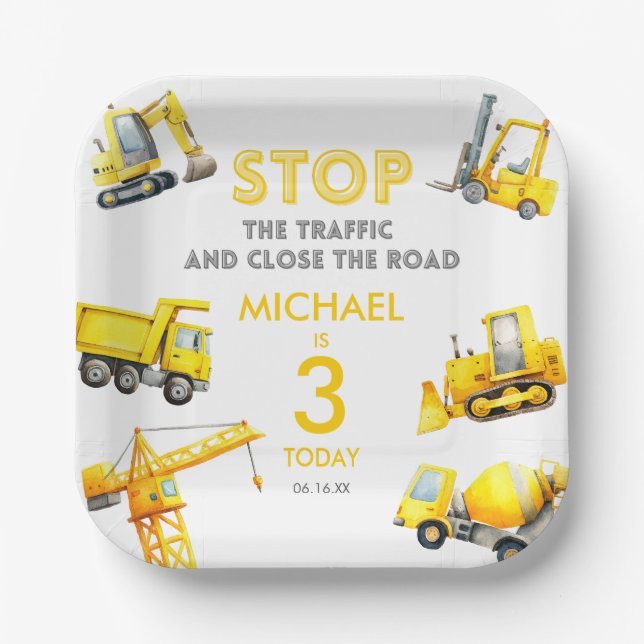 Assiettes En Carton Stop The Traffic Construction Trucks Birthday (Recto)